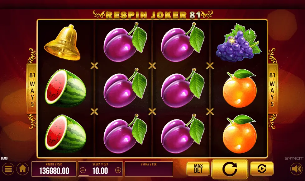 Respin Joker 81 – ovocný výherní automat se 81 způsoby výhry. Výherní automat Respin Joker 81 se symboly ovoce – švestky, pomeranče, melouny, hrozny a zlatý zvon.